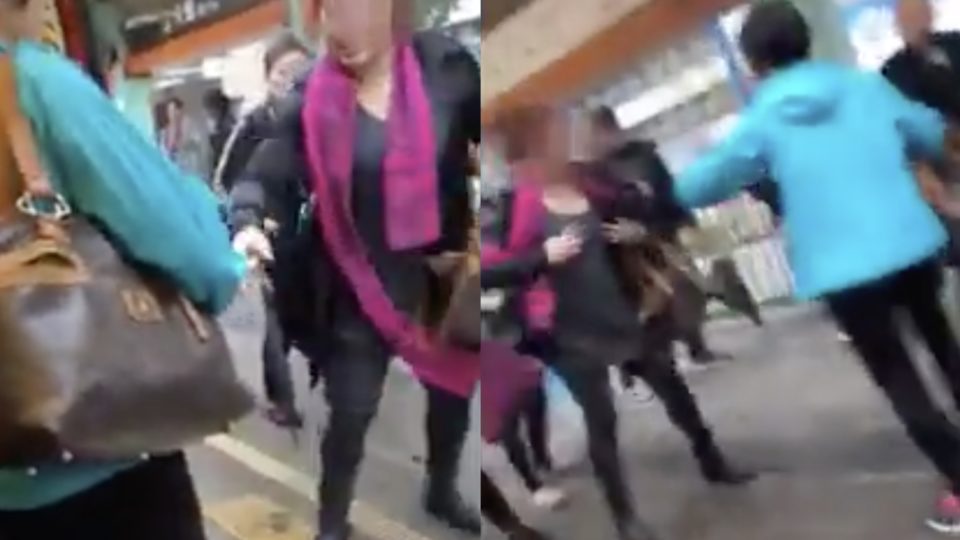 Two women were filmed fighting over a seat on the MTR light rail over the weekend. Screengrab via Apple Daily video.