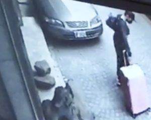 A CCTV screenshot allegedly showing a suspect removing the body of his girlfriend from a hotel in Taiwan. Handout photo.