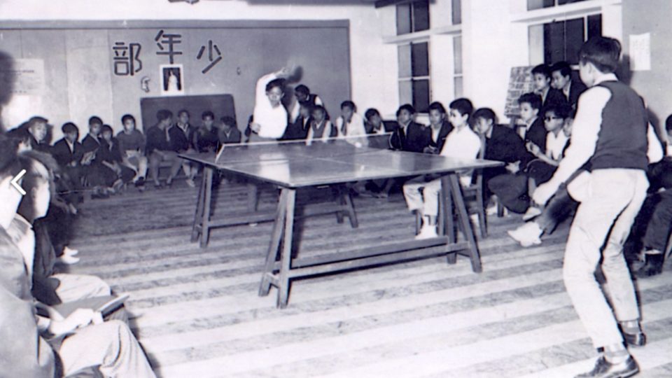A vintage photo of a 1966 youth table tennis competition organized by a Hong Kong community center. Photo via the Public Records Office.