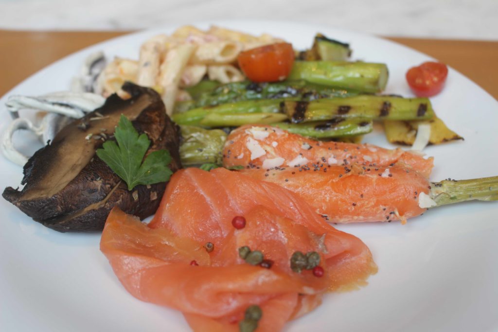 Salmon, asparagus, pasta, portobello mushrooms, anchovies among a selection of items from the cold spread at Porterhouse's Sunday roast brunch buffet. Photo by Vicky Wong.