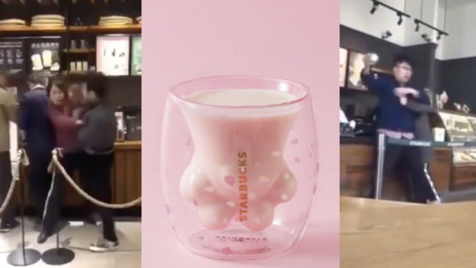 Videos of customers brawling in Starbucks over limited edition cat paw tumblers have been going viral over the weekend. Screengrabs via YouTube and Weibo/Starbucks.