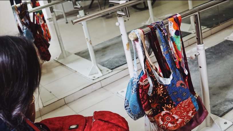 Kariani's bags in the rehab room at Puspadi Bali. The NGO helped sell some of the bags for her at a market. Photo: Julianne Greco/Coconuts Bali 