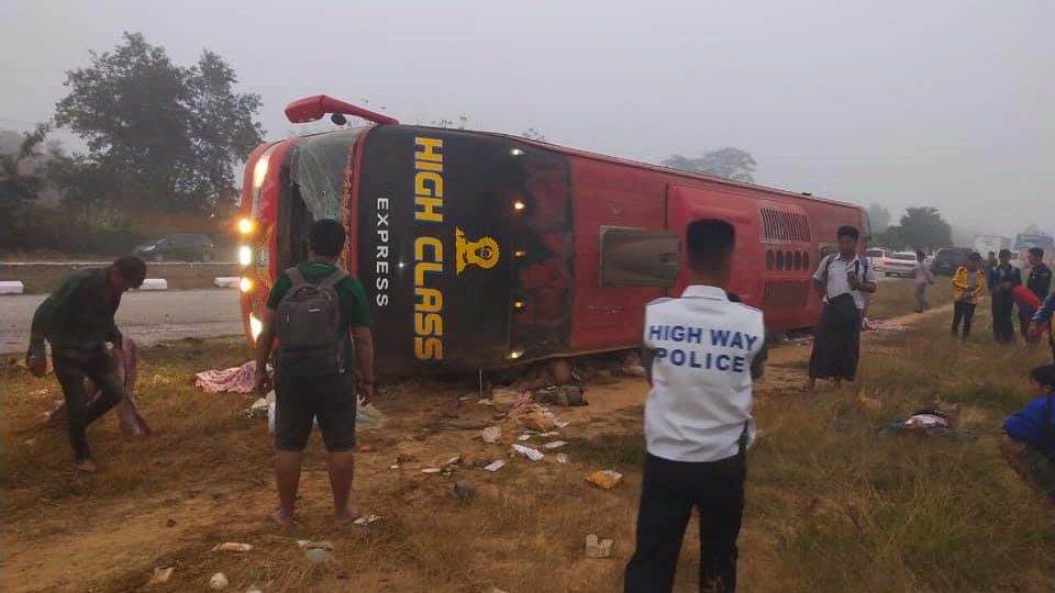 Overturned bus on the Naypyidaw-Yangon highway via Myanmar Highway Police Facebook page. 