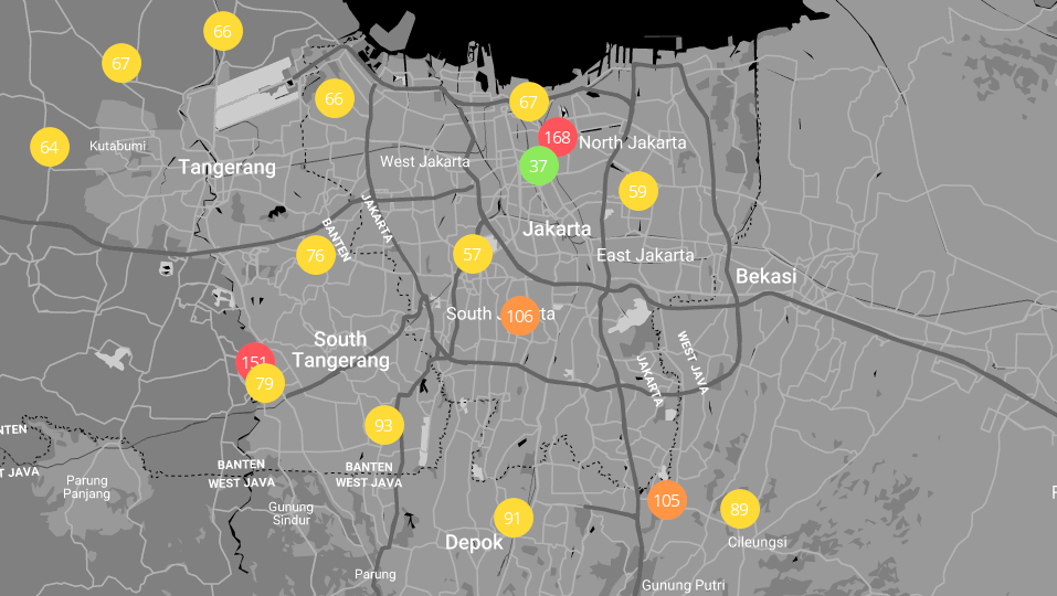 Air pollutant readings throughout Jakarta on the afternoon of March 8, 2019. Photo: AirVisual.com