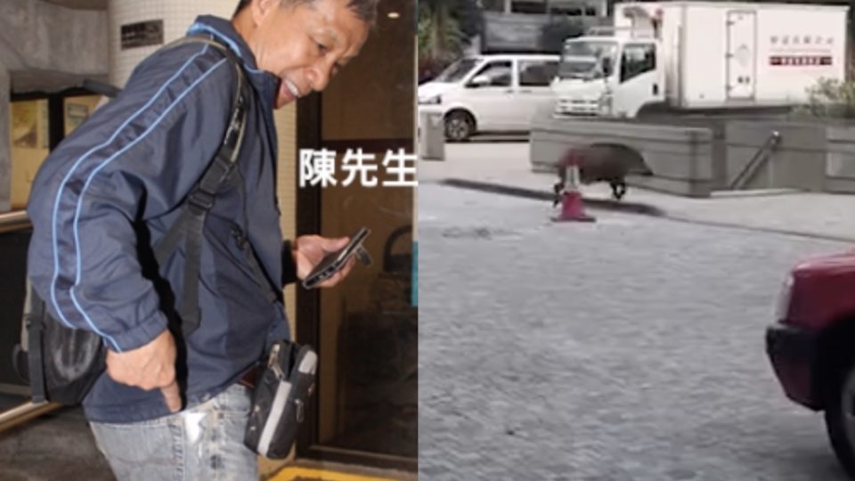 (Left) A 70-year-old man surnamed Chan shows off the tear in his jeans after he was bitten by a wild boar in Ap Lei Chau last night. (Right) A wild boar sighting in Admiralty earlier that day. Screengrabs via Apple Daily video.