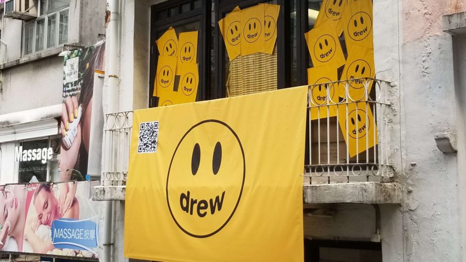 The sign above the Drew House pop-up shop in Central. Photo by Vicky Wong.