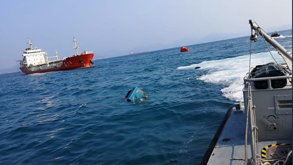 A view of the scene of a collision between an oil tanker and a fishing vessel near Lamma Island today. Photo via HK Police Force.