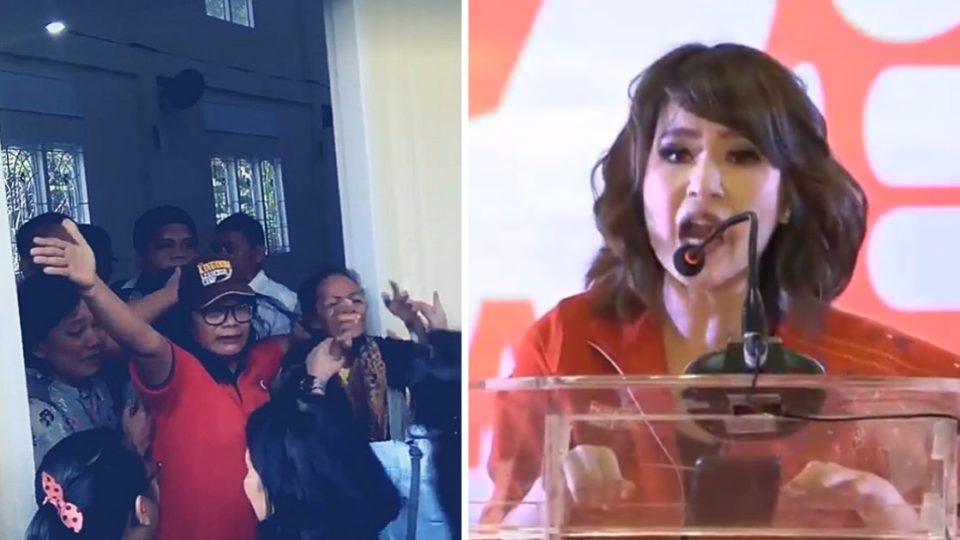 (Left) The scene outside of the Methodist Indonesia Kanaan Church in Jambi as authorities sealed the house of worship on September 27, 2018. Screenshot: Choky Christianhalomoan Nainggolan / Facebook. (Right) PSI founder Grace Natalie speaking at PSI’s 11th Festival in Medan on March 11, 2019. Screenshot: Partai Solidaritas Indonesia / Youtube
