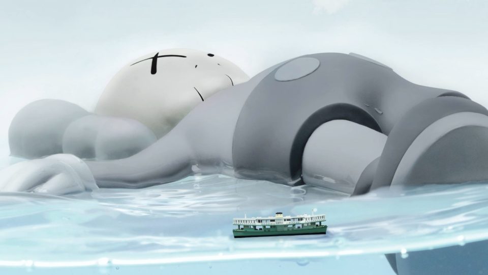 An artist’s rendering (obviously not to scale) of the upcoming Kaws “Companion” installation on Victoria Harbour. Photo via Discover Hong Kong.
