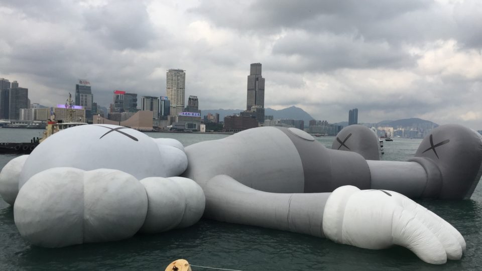 The “KAWS:HOLIDAY” installation moored on the Hong Kong waterfront this afternoon. Photo by Stuart White.