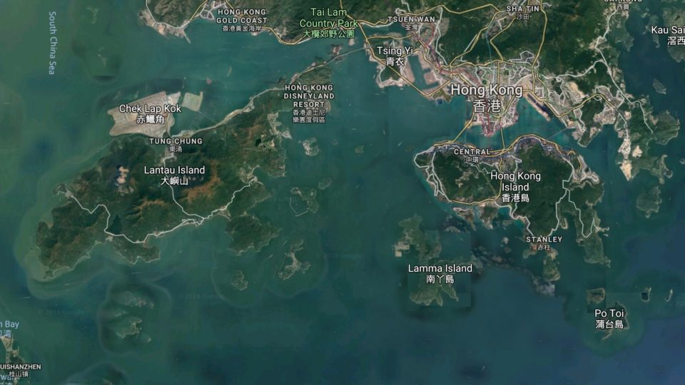 A satellite image of Lantau (left) and Hong Kong islands. Photo via Google Maps.