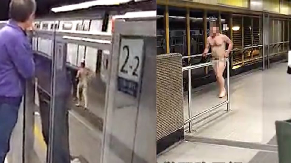 Naked man spotted running along the train tracks from Lai King to Kwai Hing. Screengrabs via Apple Daily video.