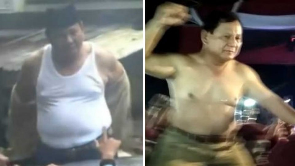 Left: Presidential candidate Prabowo Subianto at a campaign event on Mar 6 in Subang, West Java. Right: Prabowo after receiving his party’s nomination at the Gerindra National Coordination Meeting in April 2018.