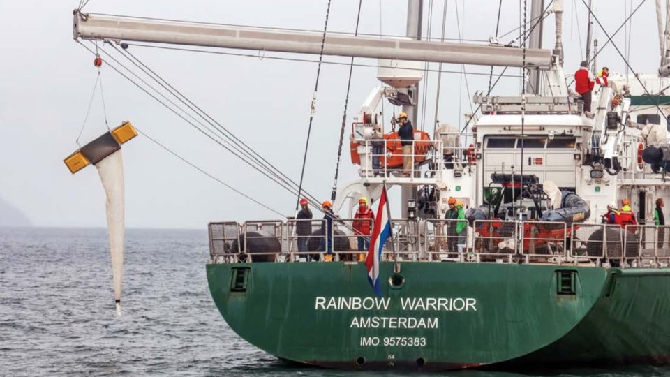 Greenpeace’s ship, the Rainbow Warrior, takes samples to determine the plastic content of seawater. Photo via Vincent Chan/Greenpeace.