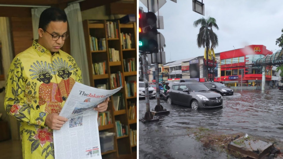 L): Jakarta Governor Anies Baswedan Photo: @aniesbaswedan / Instagram 
R): Flooding on Jl. Panjang Jakbar. Photo: @YohanYoanda / Twitter