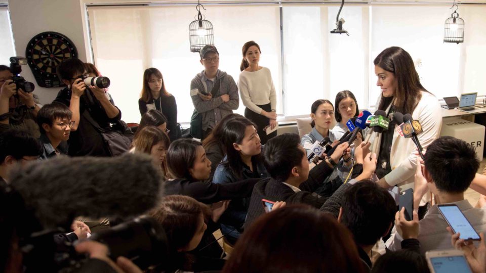 Emilie Potvin, Uber’s head of public policy for North Asia, speaks to the press at the pilot launch of Uber Flash in Hong Kong today. Photo via Uber.