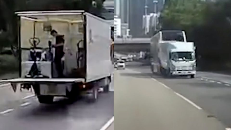 A composite image shows the driver of a broken-down truck standing in the rear of the vehicle (left), and the moment a bus crashed into the truck minutes later. Screengrab via Apple Daily/YouTube.