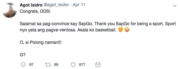 Photo: Agot Isdiro's Twitter account