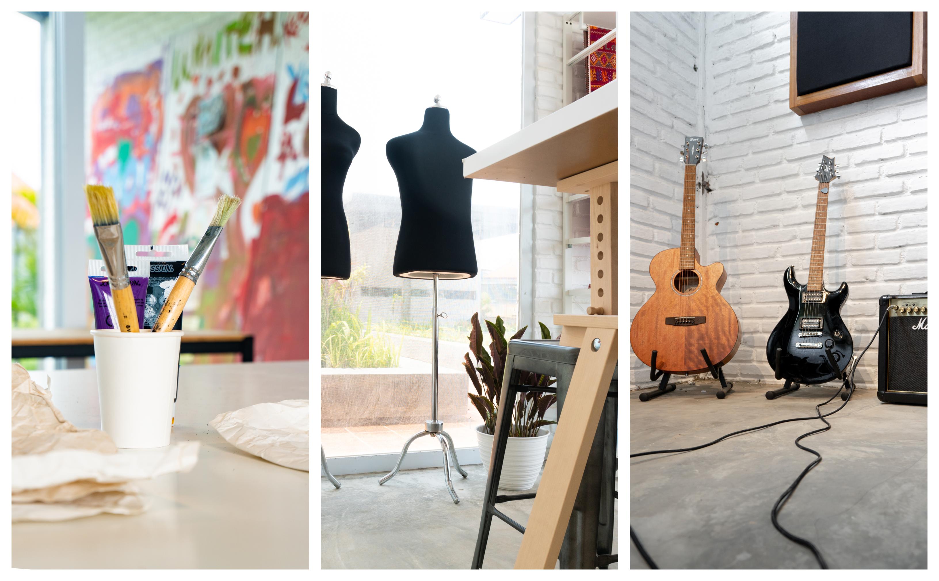 L: Art supplies | C: fashion studio mannequins | R: music studio guitar selection. Photo: GCC