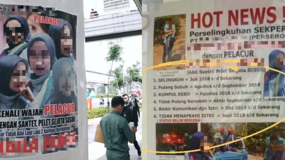 An unidentified Jakarta woman strategically spread posters featuring the names of her husband and his alleged mistress, as well as details about their supposed affair. Photo: Twitter/@larasramone & Instagram/@makrumpita