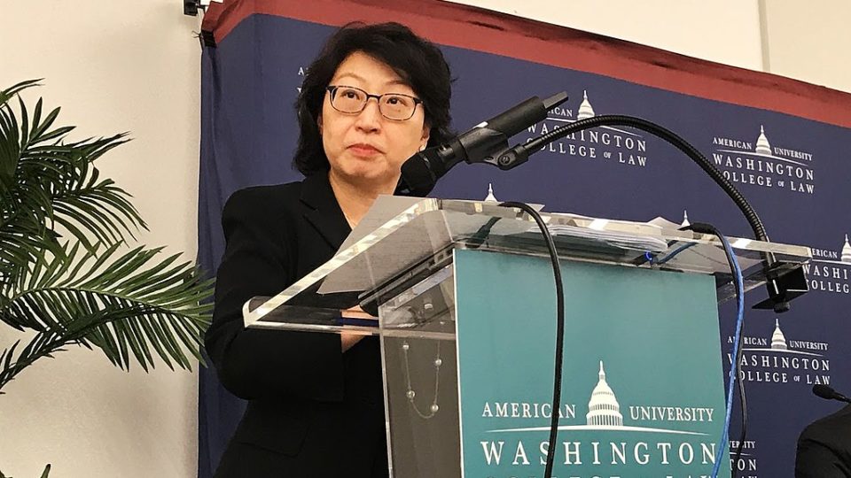 Secretary for Justice Teresa Cheng speaks at American University in Washington, D.C. last year. Photo via VOA.