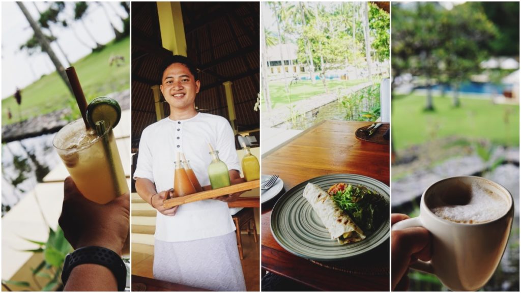 1. Juice. 2. The breakfast juice service. 3. 'Tortilla Scrambled'. 4. A flat white. Photos: Coconuts Bali