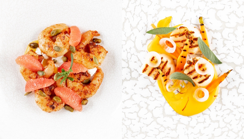 Business class menu: Sauteed shrimps with paprika, smoked ricotta cheese, and squash mousseline & grilled scallops with carrot mousseline and saffron nage. Photos: Air France