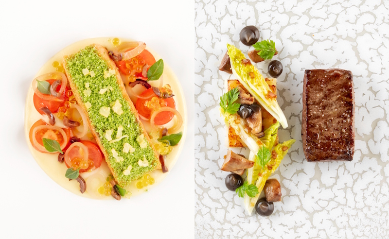 La Premiere menu: Salmon back in basil crust and roast beef steak dishes. Photos: Air France