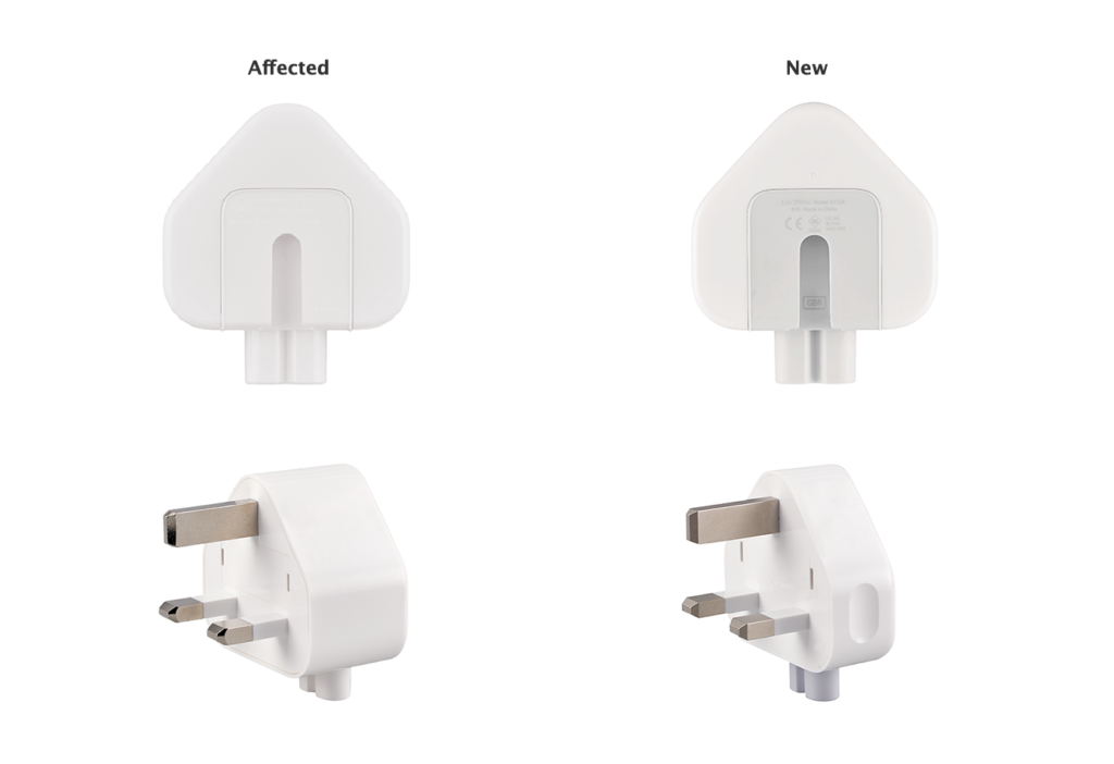 A comparison of the faulty plugs (left) and newer unaffected plugs. Photo courtesy of Apple.