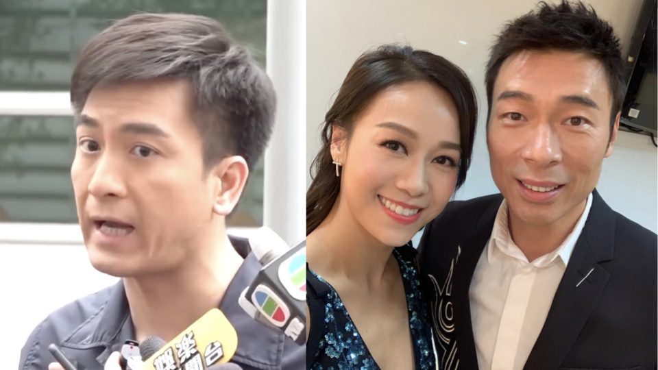 (Left) Kenneth Ma addressing reporters in Tseung Kwan O after his girlfriend Jacqueline Wong was caught on camera making out in the back of a car with married pop star Andy Hui. (Right) Wong and Hui at an event in October 2018. Screengrabs and photos via YouTube and Instagram.