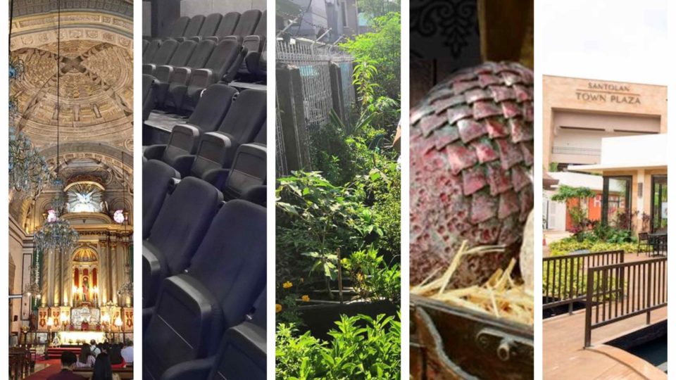 Image composite: UP Film Institute, Santolan Town Plaza, Game of Easter at Buddha-Bar Manila, Rustico Farm, San Agustin Church/FB. 