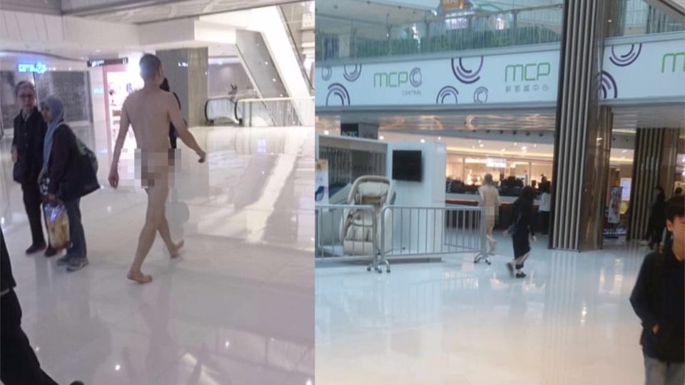 A naked man strolls through a mall in Tseung Kwan O on Sunday. Photo via HK Incident.