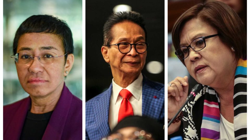 Rappler executive editor Maria Ressa, Presidential Spokesman Salvador Panelo, and jailed Senator Leila de Lima. Photo of Ressa by George Calvelo/ABS-CBN News