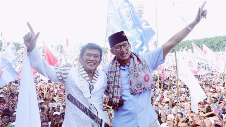 “King of Dangdut” Rhoma Irama with vice presidential candidate Sandiaga Uno at a campaign event in Surabaya. Photo: @rhoma_official / Instagram