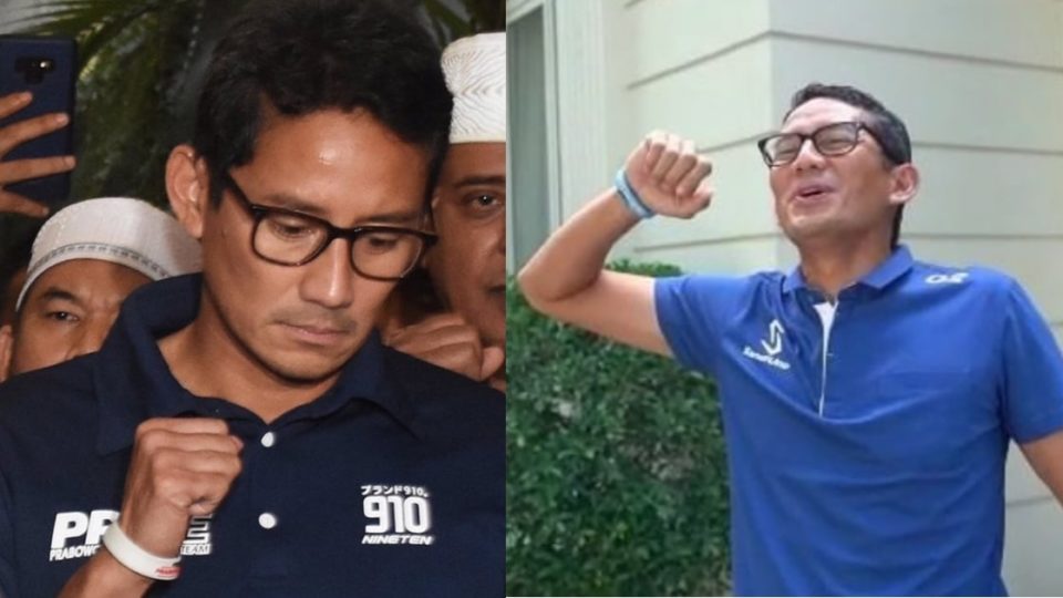 L): Viral “sad Sandiaga” image from Prabowo’s Thursday victory declaration. R): Screenshot from video posted to Sandiaga Uno’s Instagram page (@sandiuno) in November.