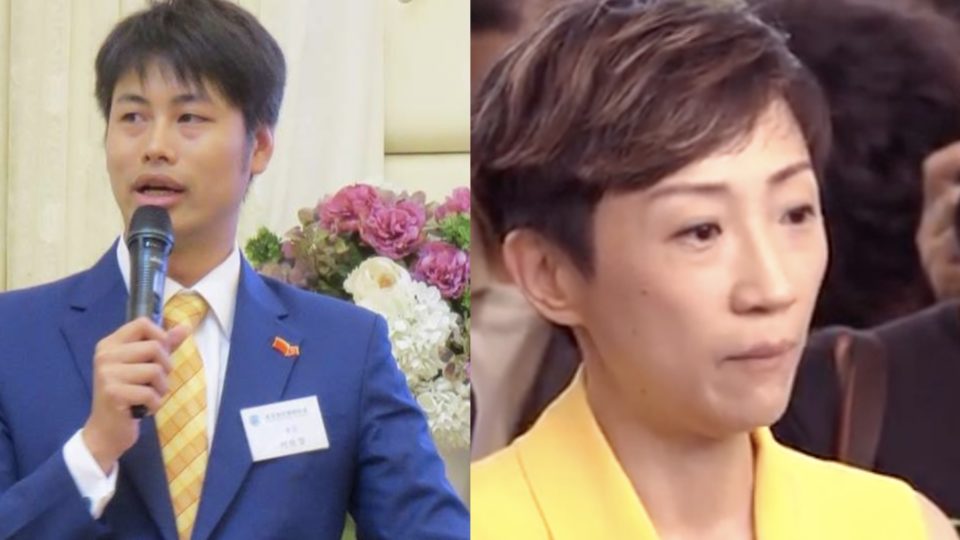 Steven Ho (left) came under fire from netizens for comments suggesting pro-democracy lawmaker Tanya Chan’s (right) brain tumor was a ploy to avoid sentenciny. Photos and screengrabs via Facebook and Apple Daily video.