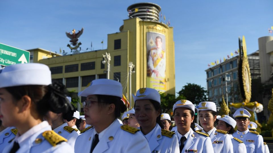 Officials take their places on the roads near the Grand Palace before the arrival of Thailand’s King Maha Vajiralongkorn for his coronation in Bangkok on May 4, 2019. (Photo by Lillian SUWANRUMPHA / AFP)