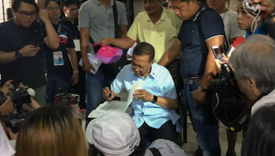 Former vice president Jejomar Binay at the precinct today in Makati. Photo: Fernando Sepe Jr./ABS-CBN News
