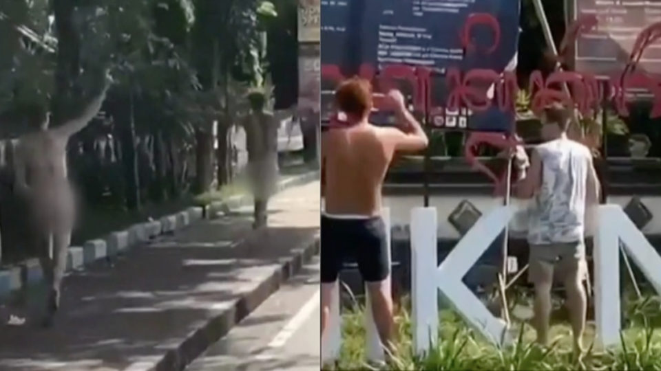 In the now-viral footage, the group of Aussie tourists can be seen running around naked and urinating in public, among other outrageous behavior while they were on holiday in Bali. Screenshots of footage via 7 News