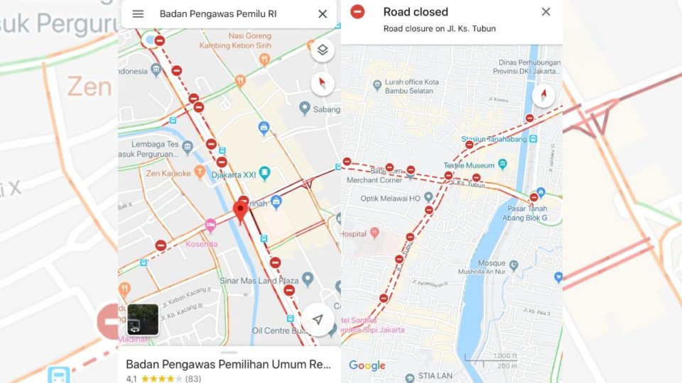 Screenshots of road closures across Jakarta, marked by prohibitory traffic signs and red dotted lines, on Google Maps.