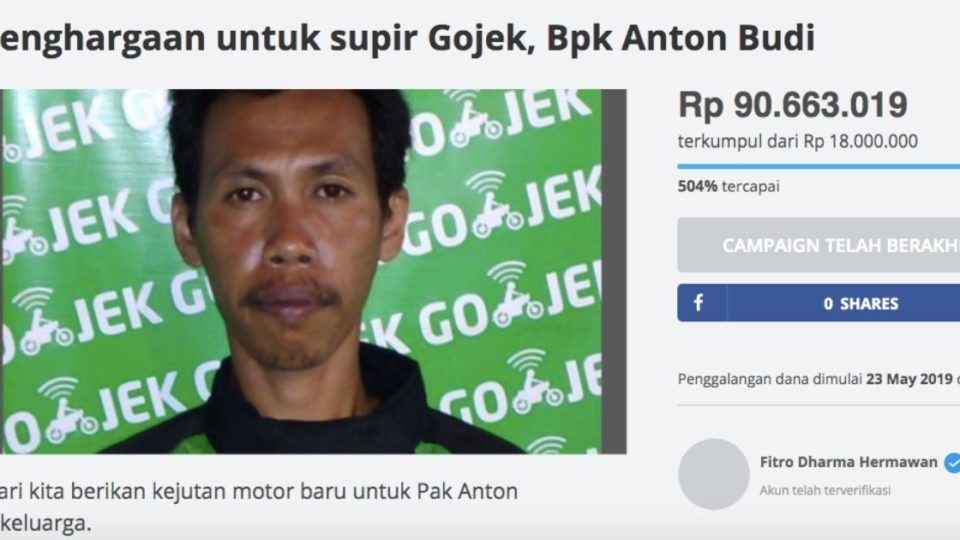 Screenshot of Fitro’s  fundraising page for Go-Jek driver, Anton Budi, on donation platform Kitabisa