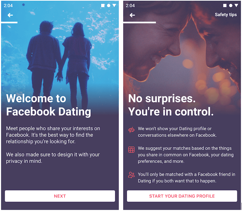 Introduction of the Facebook Dating feature to new users. Photo: Facebook