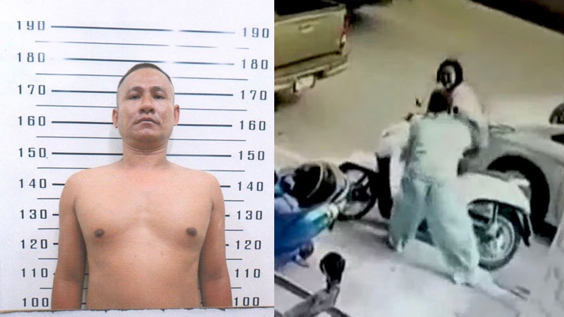 At left, Krissana Kaewchingduang, 30. At right, Krissana caught on tape menacing a woman and stealing her motorbike. Images: Thonburi Remand Prison / Facebook, Patcharapong / YouTube
