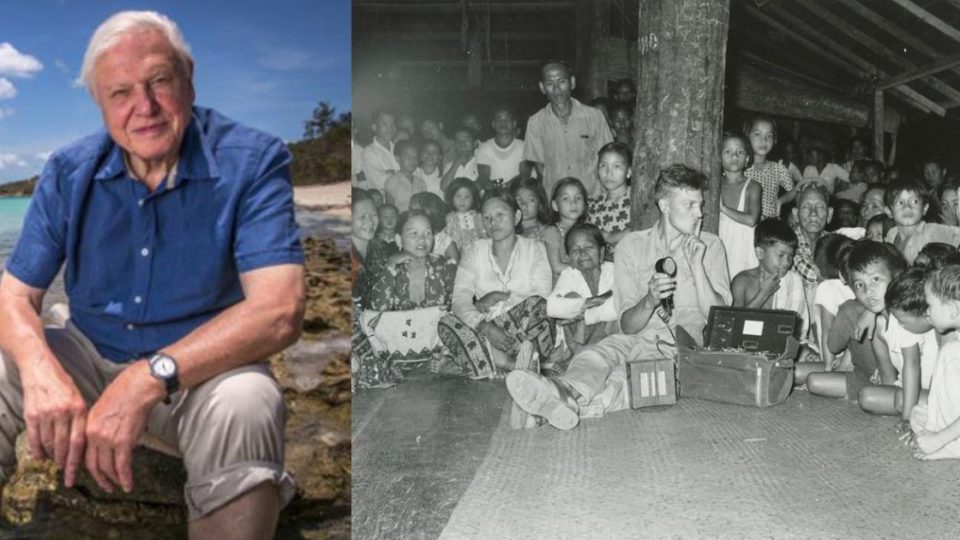 Left: Sir David Attenborough in 2015. RIght: A young David Attenborough recording Dayak music in a longhouse in Borneo in 1956 ©David Attenborough