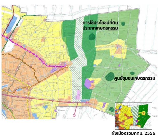 Areas designated for rural and agricultural conservation (green and white stripes) are significantly reduced in the proposed new master plan compared to the existing version from 2013 show in the inset map. Source: City Planning Department