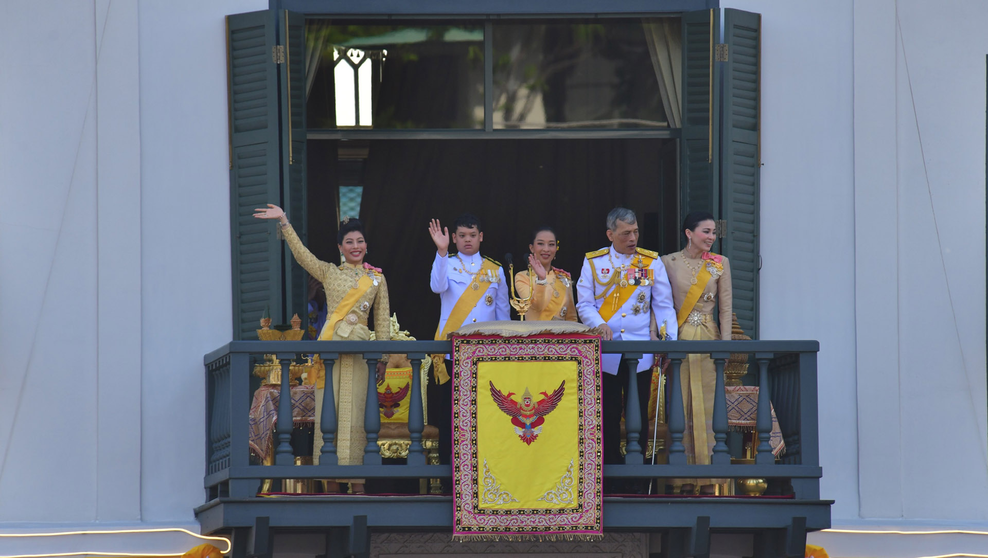 King Maha Vajiralongkorn at his first public address on the balcony of the Grand Palace. Photo: Gov’t Public Relations Dept.