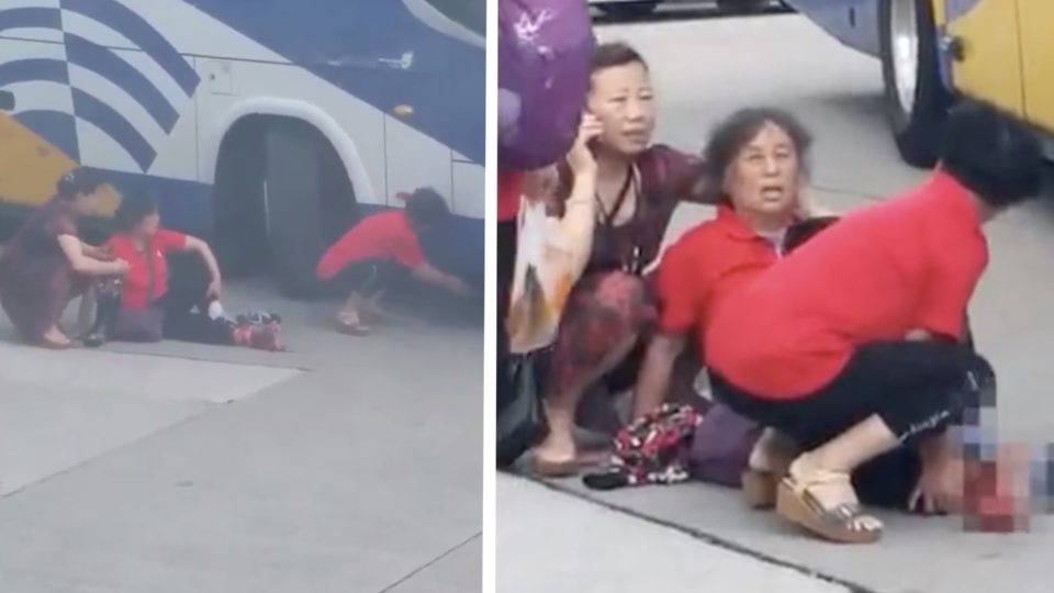 A female mainland tourist may have her right foot amputated after it got crushed by a coach. Screengrabs via Facebook video and Apple Daily video.