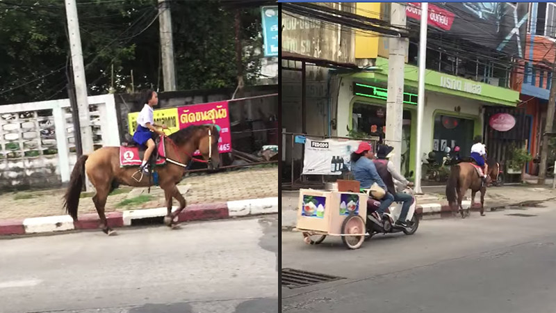 Kornkanya ‘Bai Bua’ Tapnaka, 7, trots home from school on a horse.
