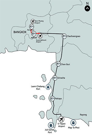 The proposed high-speed rail would use the existing Airport Rail Link line to connect the three airports and several points in between. Image: Eastern Economic Corridor / Eeco.or.th