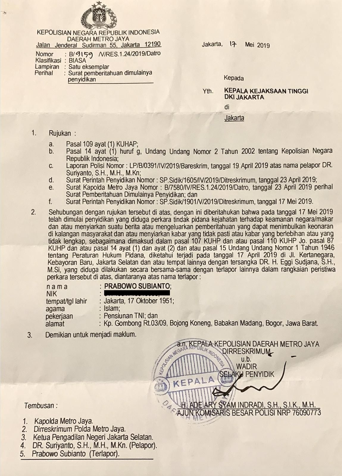 The Jakarta Metro Police's investigation warrant against Prabowo Subianto. Photo: Istimewa